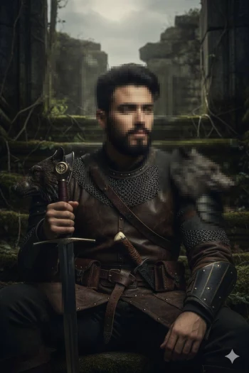 Warrior sitting in ancient mossy ruins wearing detailed armor and holding a sword