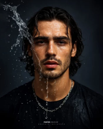 Wet man with dark hair wearing black shirt and silver chain under water splash