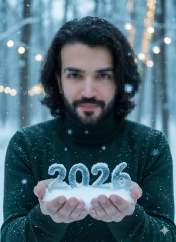 Winter New Year 2026 Portrait Holding Icy Numbers in a Snowy Forest