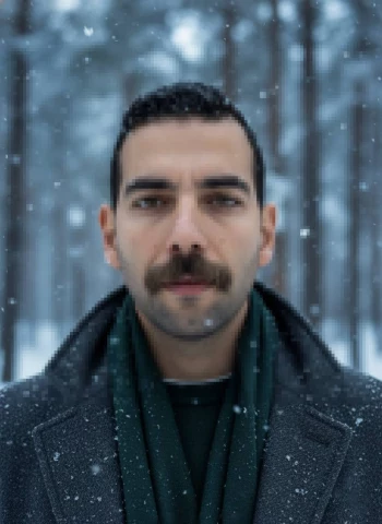 Winter Portrait of a Man Standing in a Snowy Forest