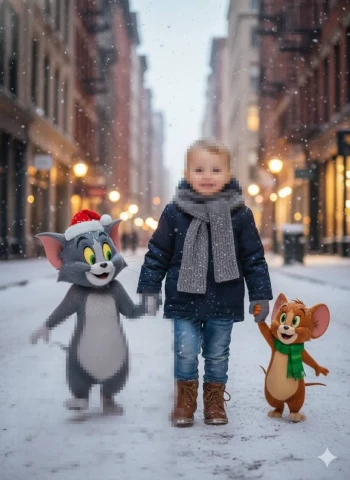 Winter Street Scene of a Child Holding Hands with Tom and Jerry in the Snow
