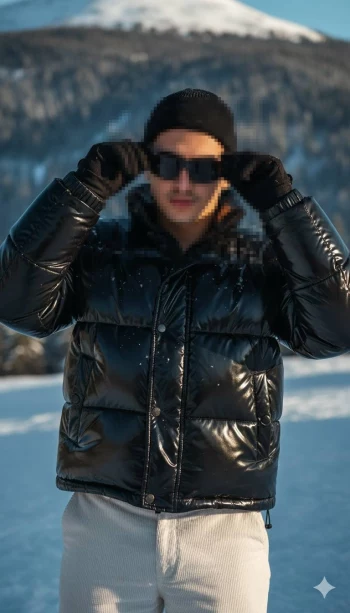 Winter Street Style: Man in Black Puffer Jacket Adjusting Sunglasses in Snow