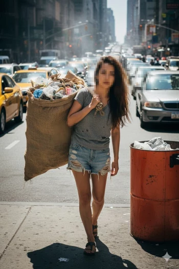 Woman Carrying Recyclables Walking Through Busy City Street in Summer Heat