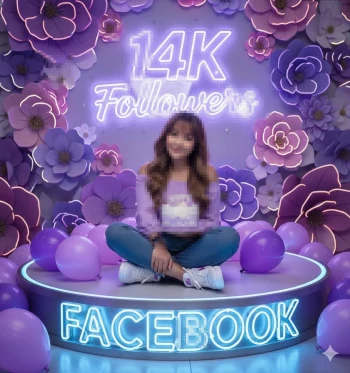 Woman celebrating 14K Facebook followers with purple balloons and neon lights