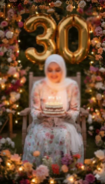 Woman celebrating 30th birthday holding a cake surrounded by flowers and lights