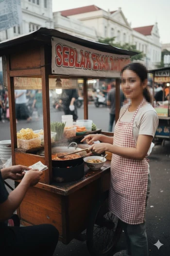 Woman Cooking Traditional Street Food at Indonesian Market Stall