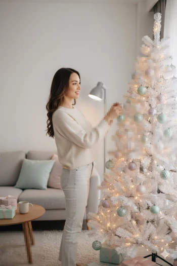 Woman Decorating White Christmas Tree in Cozy Modern Living Room