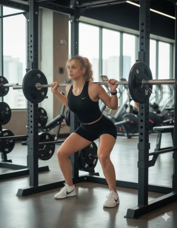 Woman doing barbell squats in modern gym wearing black sports outfit