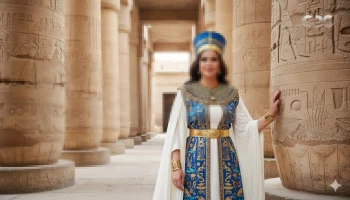 Woman dressed as Egyptian queen standing among ancient temple columns