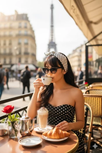Woman Enjoying Coffee at Paris Cafe with Eiffel Tower in the Background