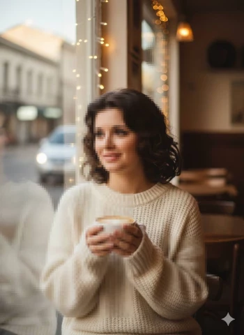 Woman enjoying coffee by café window in cozy sweater with warm lights