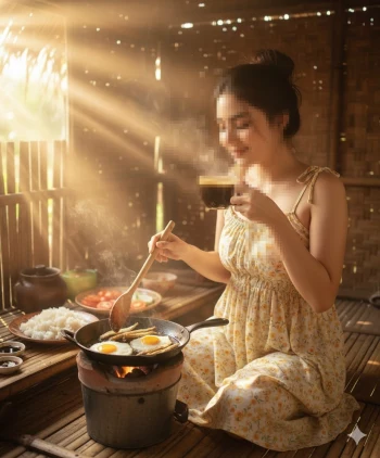 Woman enjoying coffee while cooking breakfast in warm morning sunlight