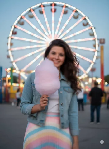 Woman enjoying cotton candy at carnival with Ferris wheel lights in the background