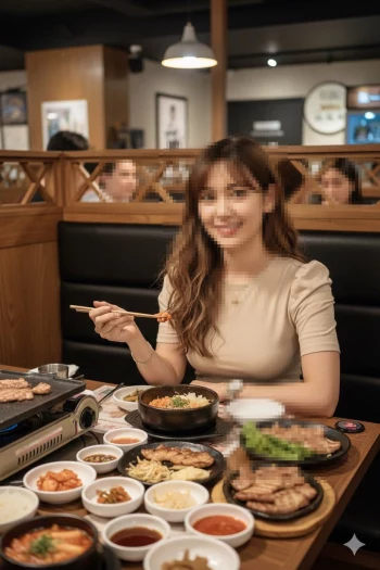 Woman Enjoying Korean Barbecue Meal at Cozy Restaurant
