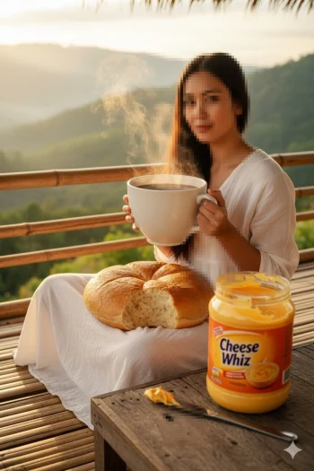 Woman Enjoying Morning Coffee and Bread on Mountain View Terrace