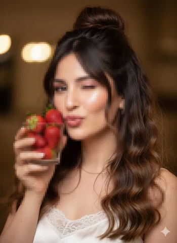 Woman holding a glass of fresh strawberries under warm indoor lighting