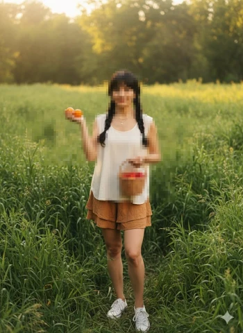 Woman holding basket of apples in sunny green field during golden hour