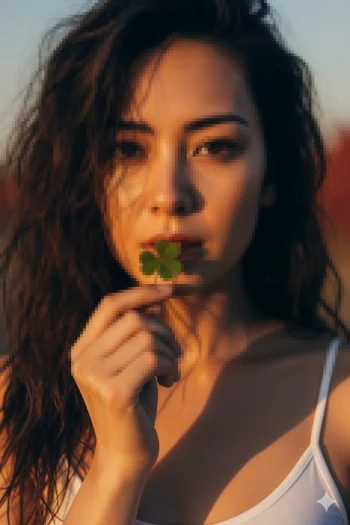 Woman holding four-leaf clover in golden sunlight with natural serene expression