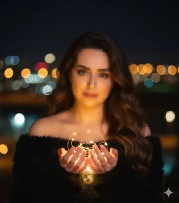 Woman holding glowing fairy lights at night with city bokeh background