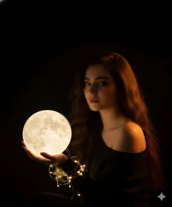 Woman Holding Glowing Moon Light in Dark Magical Atmosphere