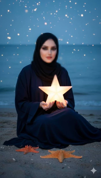 Woman holding glowing star on the beach under twilight sky