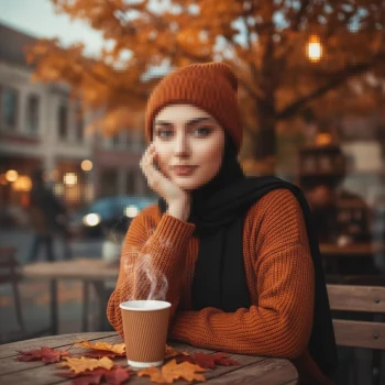 Woman in Autumn Outfit Sitting at Café Table with Coffee Cup