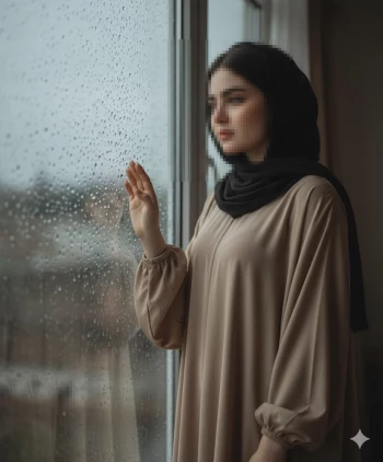Woman in beige dress and black hijab looking out rainy window thoughtfully