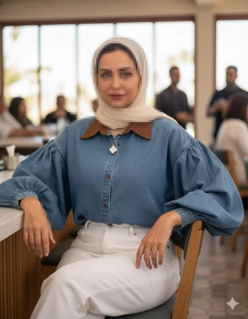 Woman in beige hijab and denim blouse sitting confidently in modern café