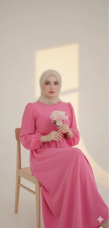 Woman in Beige Hijab and Pink Dress Holding Flower in Soft Natural Light