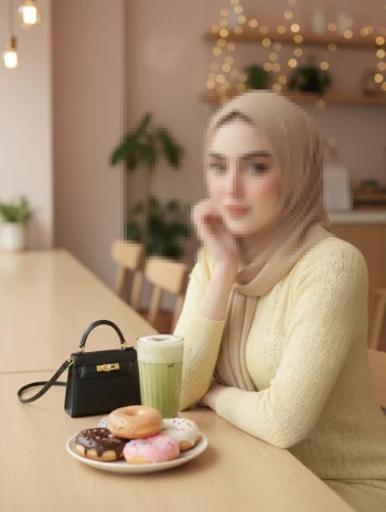 Woman in Beige Hijab Sitting at Café Table with Donuts and Matcha Latte