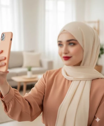 Woman in beige hijab taking a selfie with smartphone in bright modern room