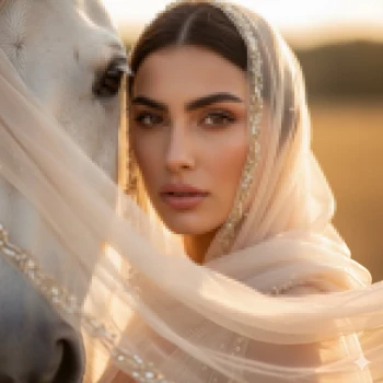 Woman in Beige Veil Beside White Horse Under Golden Sunset Light