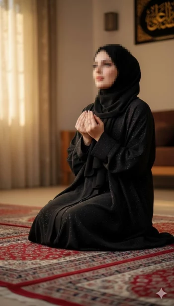 Woman in black abaya praying on a patterned rug in a softly lit room