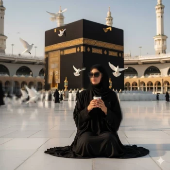 Woman in Black Abaya Sitting Peacefully Near Kaaba with Flying White Doves