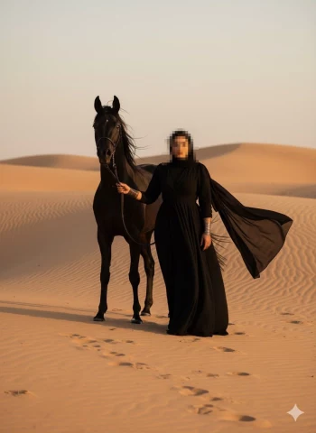 Woman in Black Abaya Standing with Black Horse in Desert at Sunset