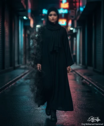 Woman in black abaya walking through neon lit alley at night with mist around her