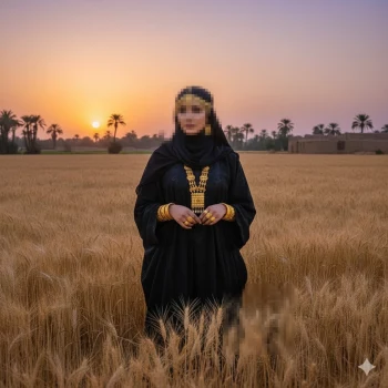 Woman in black abaya with gold jewelry standing in wheat field at sunset