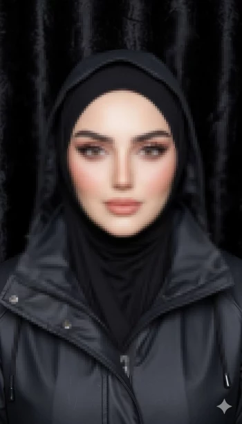 Woman in black hijab and hooded jacket posing for a professional studio portrait
