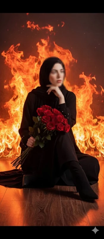 Woman in black hijab holding red roses sitting calmly in front of blazing fire