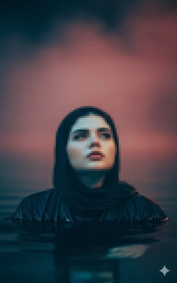 Woman in black hijab standing in calm water under dramatic pink sky