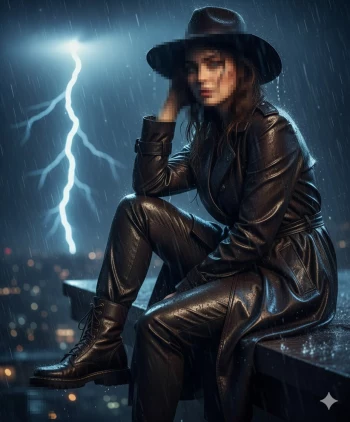 Woman in black leather coat sitting in rain with lightning in the background