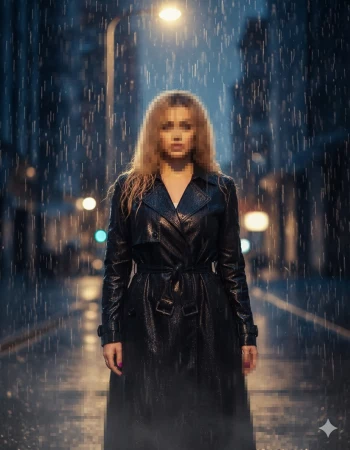 Woman in black leather coat standing in the rain under city streetlights