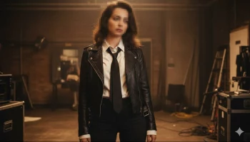 Woman in Black Leather Jacket and Tie Standing in Industrial Studio
