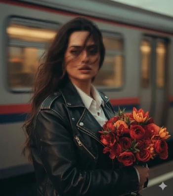 Woman in Black Leather Jacket Holding Red Flowers at Train Station