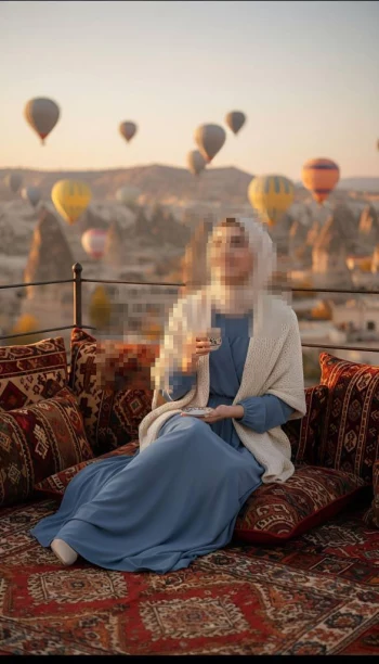 Woman in Blue Dress Enjoying Tea with Hot Air Balloons at Sunrise