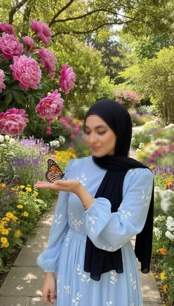 Woman in Blue Dress Holding a Butterfly in a Colorful Flower Garden