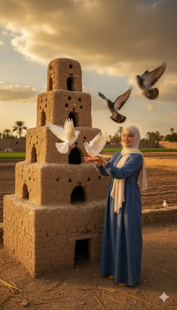 Woman in blue dress releasing white doves near clay pigeon tower at sunset