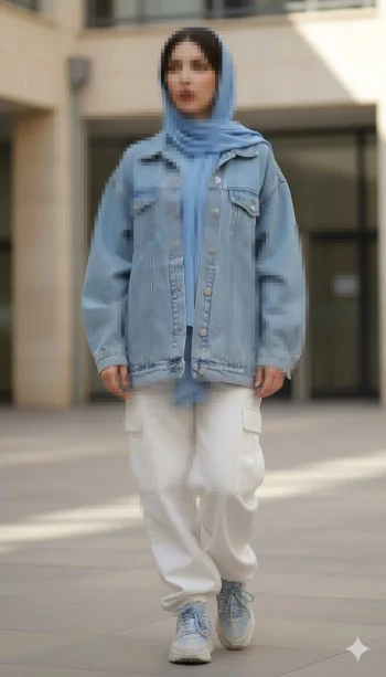 Woman in blue hijab and denim jacket wearing white cargo pants and sneakers