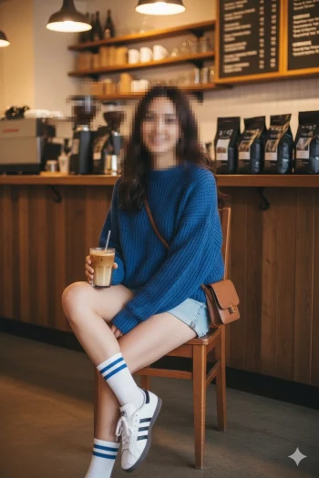 Woman in blue sweater enjoying iced coffee at cozy modern café