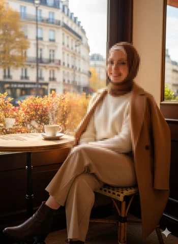 Woman in brown hijab enjoying coffee at cozy cafe on a sunny autumn day